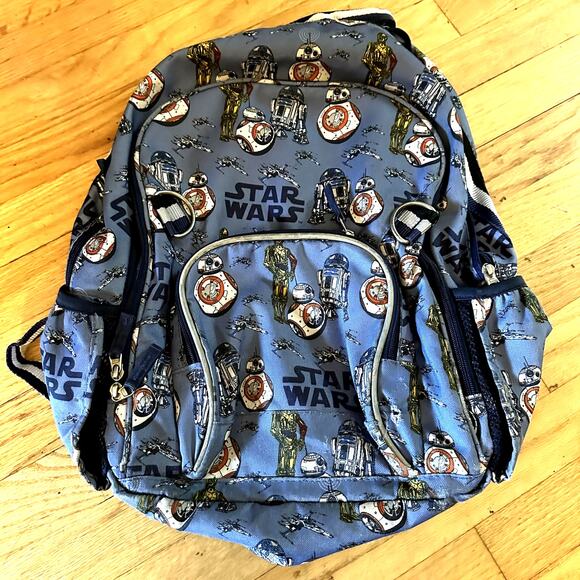 Pottery Barn Kids Star Wars Backpack Blue Droids Large Bag BB8 R2-D2 C3P0 School - Picture 1 of 10
